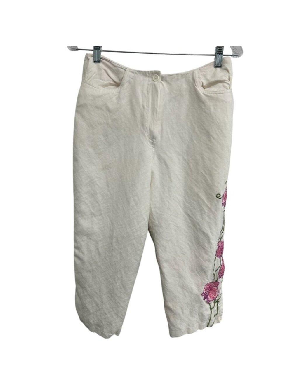 Larry Levine Womens White Linen Blend Pants With Pink Floral Embroidery Size 8